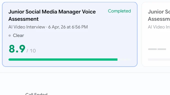Candidate scorecard showing an 8.9 out of 10 voice interview score